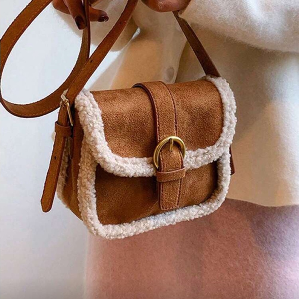 Sherpa suede bag camel brown Crossbody Bag with Shearling Trim - Picture 7 of 7